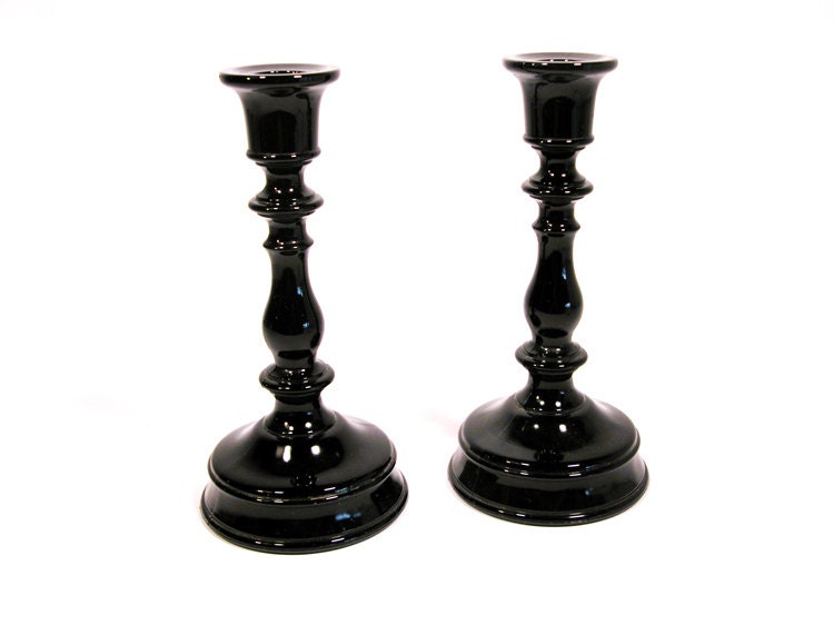 Vintage Black Milk Glass Candlesticks, Pair
