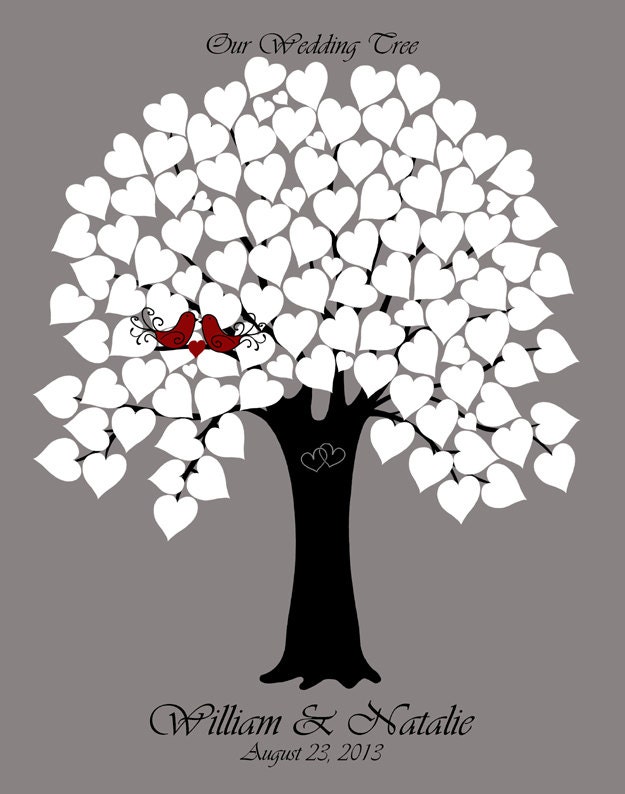 11x14 Personalized Wedding Tree Guest Book. 90 White Signature Hearts. Black Tree, LoveBirds. Great for Wedding, Bridal Shower, Anniversary.