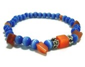 Royal Blue Bracelet, Cat Eye Beads, Orange, Stretch Bracelet, 7.5 inches