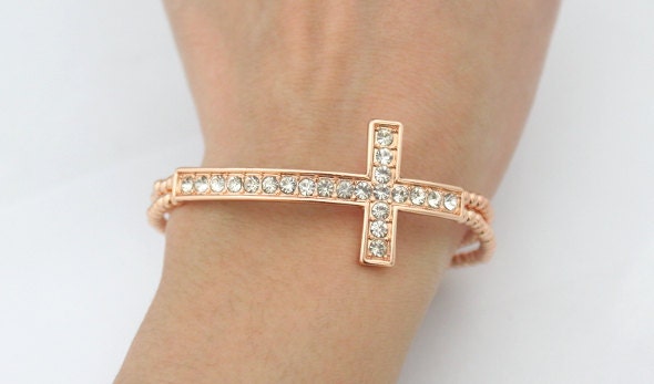 Crystallized Sideways Cross Bracelet (Rose Gold)