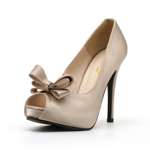 Dark Champagne Satin Wedding Shoe with Bow. Champagne Wedding Shoe. Wedding Shoes.