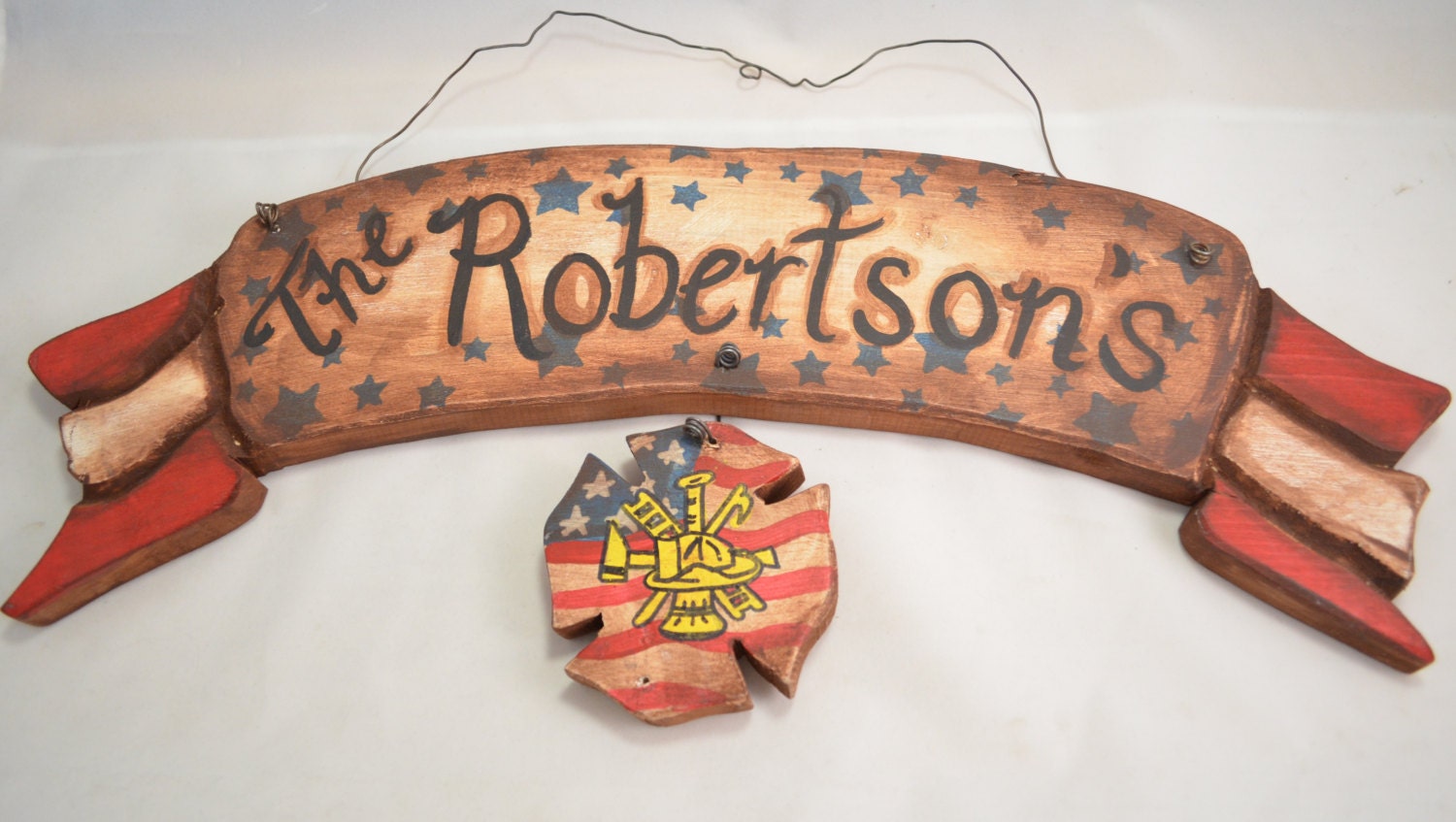 Personalized Wood banner with fire fighter symbol Americana red white and blue distressed wood handmade custom made to order home decor