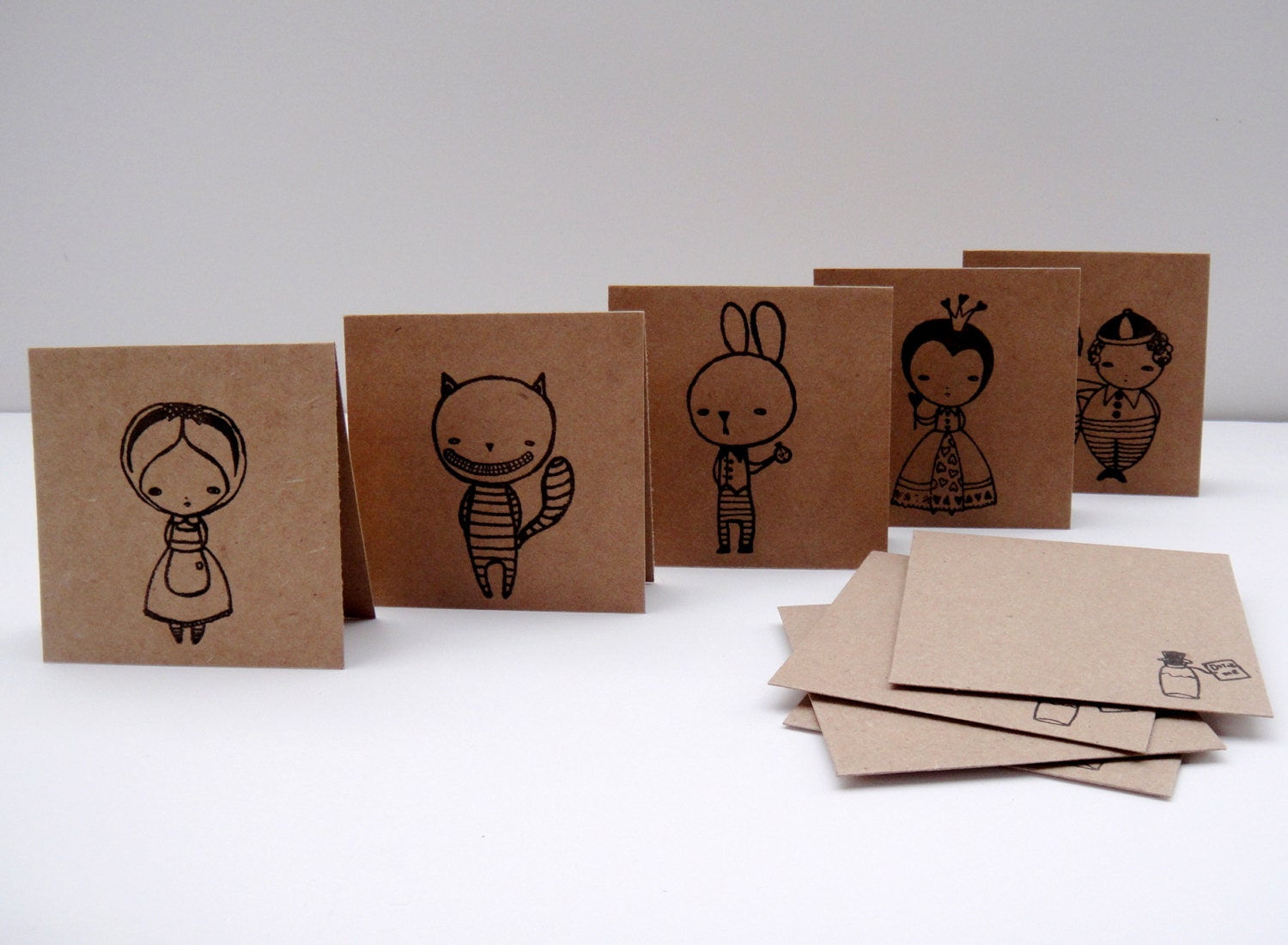 Alice in Wonderland by Danita Hand-stamped Mini 3x3 Cards - ON SALE - Set of Five 