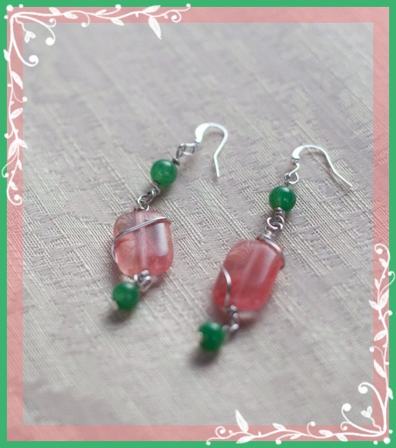 Pink Tourmaline and Aventurine Wire-Wrapped Silver Earrings