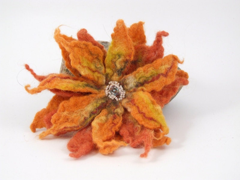 SALE  - Felt Flower Brooch Pin in Orange - OOAK flower brooch - Ready to Ship - GrubeSiolo