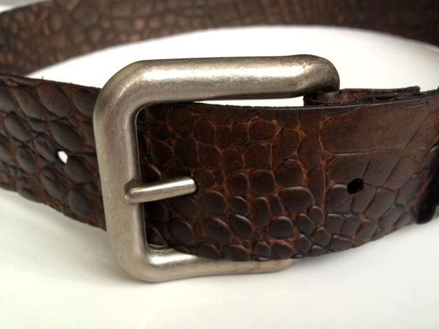 Alligator Embossed Mocha Brown Leather Belt and Metal Buckle