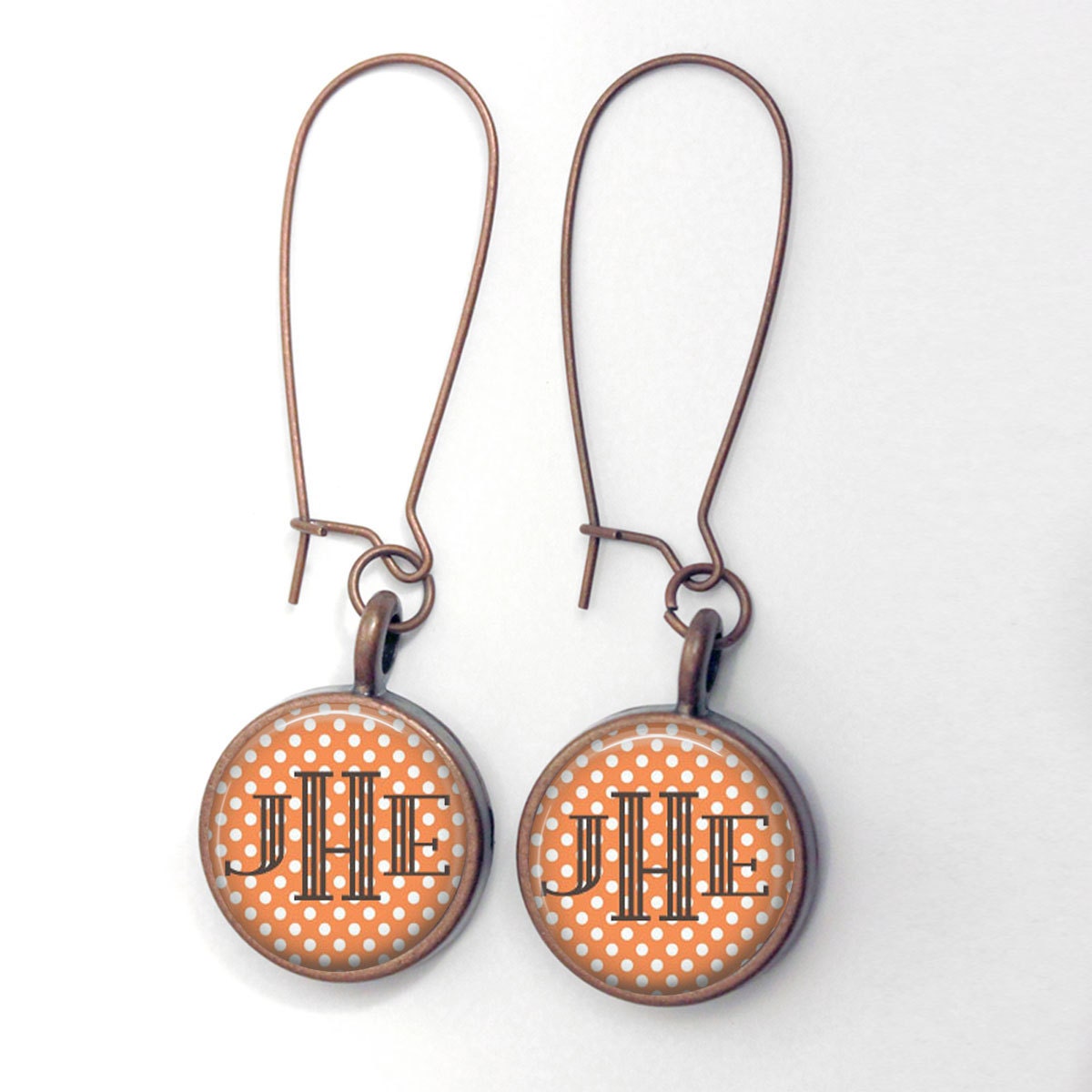 Bezel Earrings - monogram earrings personalized coral polka dot bronze dangle earrings metal wire earrings birthday mothers day gift