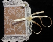 Small Handmade notebook or Diary with lace and flower w/ drawstring. Recycled materials (4 1/2in by 3 1/4in)