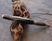 Handcrafted Custom Made Pen - Black Titanium & Chrome Jungle Men Design Ballpoint Twist Pen With Mixed Exotic Green Feather Body