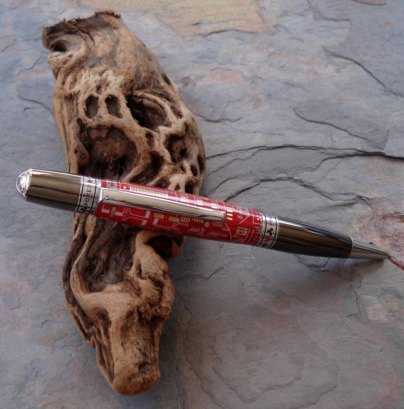 Handcrafted Custom Made Pen - Black Titanium & Chrome Poker Card Suits Design Ballpoint Twist Pen With Red Circuit Board Body