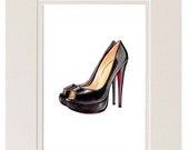 Christian Louboutin Wall Decor Art Print, Black Christian Louboutin Patent "Lady Peep" Platform Pumps, Watercolor Print