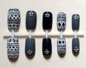 Dark Blue and Blue-Grey Japanese-Inspired Fake Nail Set with Aztec / Tribal Print, White Rhinestones and Silver Beads
