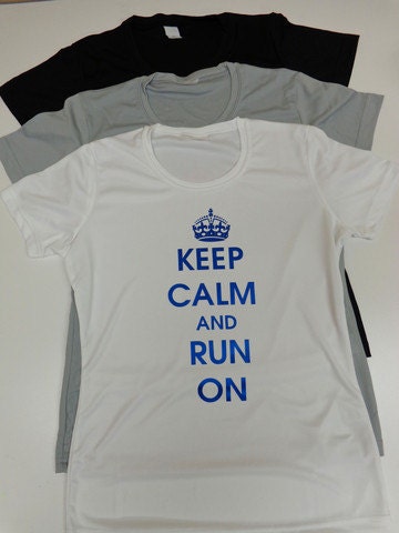 Sample Sale: White Keep Calm and Run On Tech Tee with Electric Blue Print