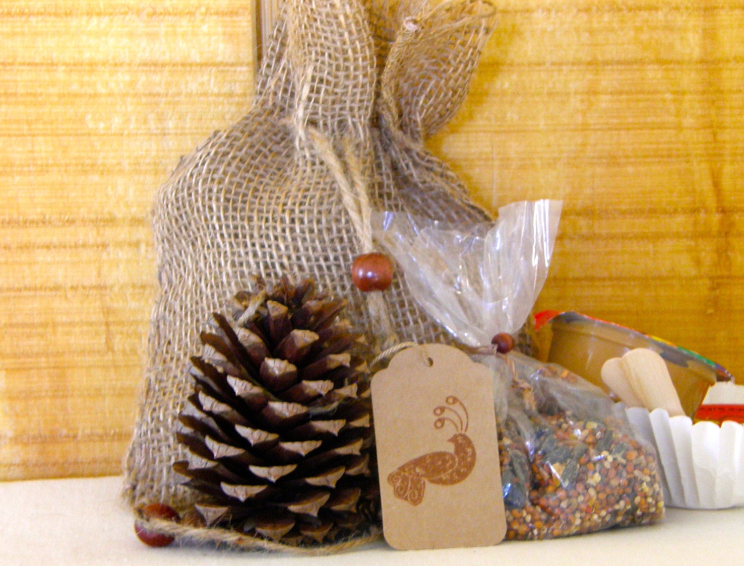 DIY Pinecone Bird Feeder Kit, Peanut Butter Pinecone, Burlap Craft Kit, Birding, Handmade Bird Feeder Kit