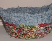 Crocheted Multi-colored Fabric and Light Blue Denim Fabric Rag Basket