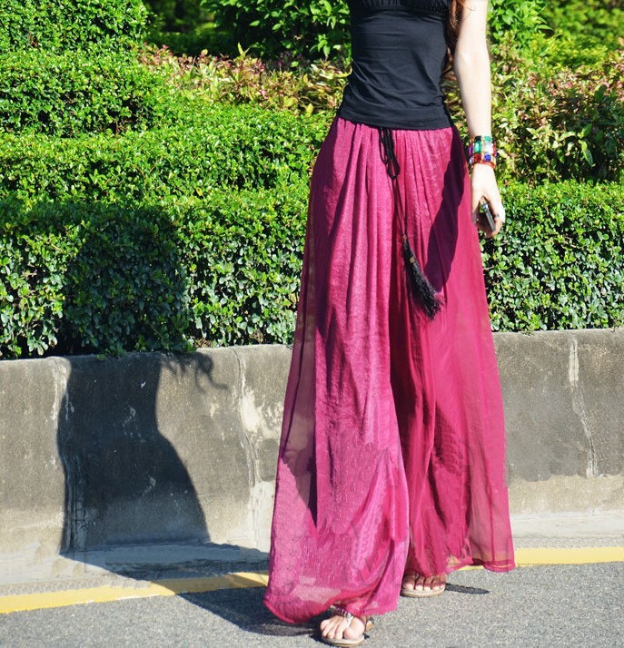 Women's Wine Red Chiffon Wide leg pants Trousers long dress maxi skirt  maxi dress  XS-L