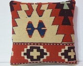 Decorative Turkish  Unique Kilim Pillows - 16 x 16  - 30 years old - Vintage Quality - Hand woven by Turkish  Women - Organic Tribal Pillow