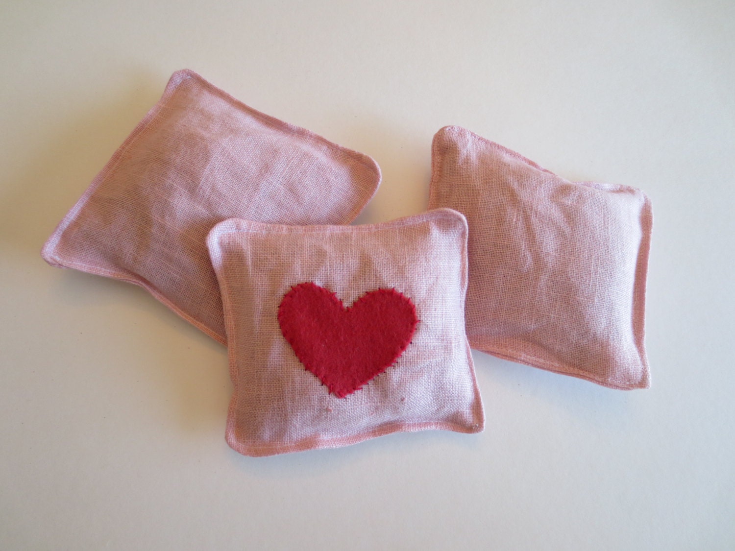 Pastel Pink Linen Handmade Heart Appliqued Shabby Chic Lavender Sachet Gift Set