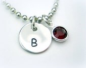 Initial birthstone necklace - handstamped personalized jewelry with Swarovski birthstone