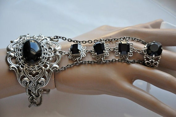 Cuff Slave Bracelet,Gothic Slave Bracelet,Wings,Chains,Huge,Jet Black,Victorian,Vintage Style,Art Nouveau,Grecian Slave Bracelet,GALORE