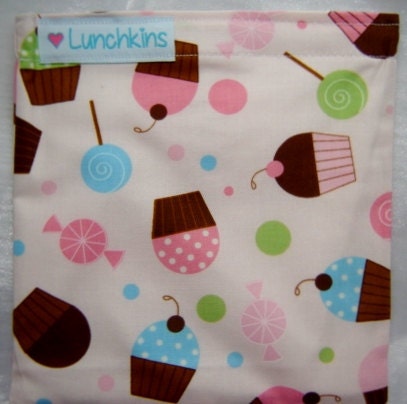 SANDWICH Snack BAG Pink Cupcake Confections Design Reusable with Nylon Lining