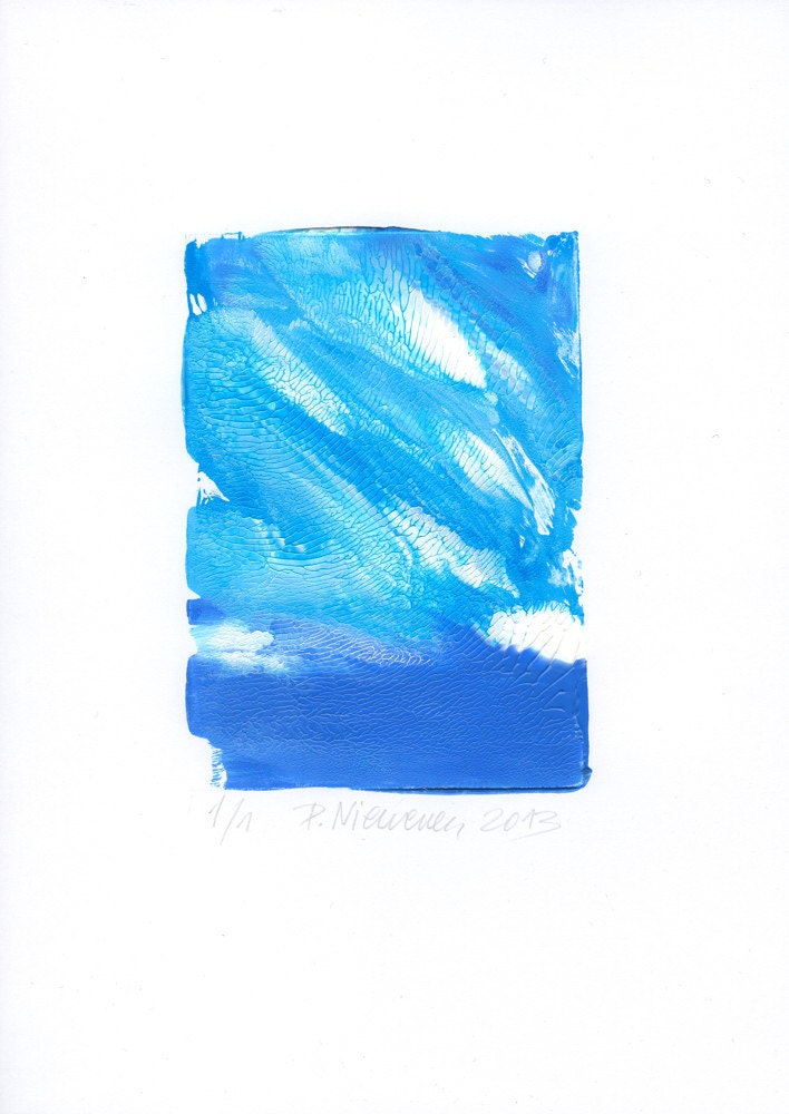 Handmade Original Monotype Print, Original Abstract Art Print for Home and Office, Sea and Sky Blue Abstract, Modern Fine Art Print