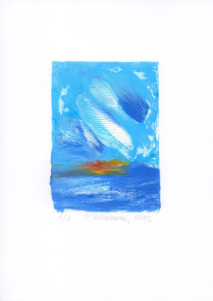 Handmade Original Monotype Print, Original Abstract Art Print for Home and Office, Sea and Sky Blue Abstract, Modern Fine Art Print