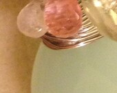 Rainbow moon stone, pink crystal, on seafoam green Chalcedony briolette wire wrapped jewelry handmade 