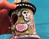 DAY of the DEAD BIRDHOUSE indoor outdoor wood birdfeeder etsy original painting etsy.com outsider  folk art skulls weird stuff oddish