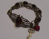 Antique Brass Gold Filigree Garnet Red Glass Swarovski Crystal Heart Key Charm Bracelet VICTORIAN STEAMPUNK GOTHIC