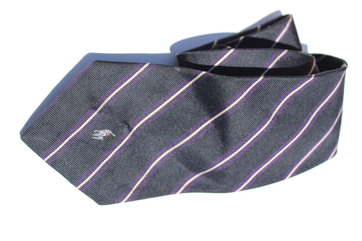 Vintage Designer Polo Ralph Lauren Men's Necktie Pure Silk Black Purple White Stripes, Gift for Him, Formal Attire, High Fashion