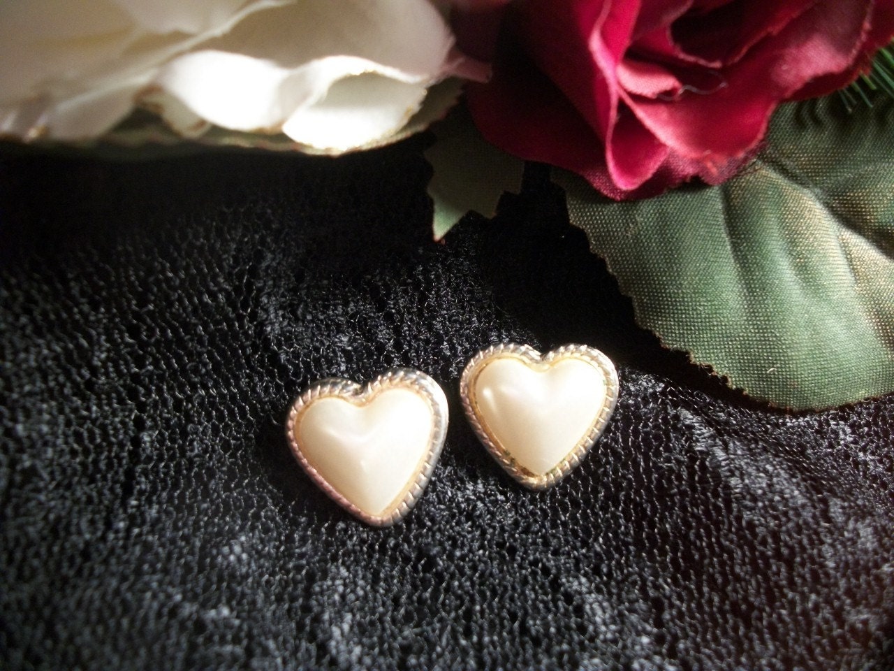Costume Earrings, Posts, Hearts, White, Pearlescent, Gold Tone, Romantic, Wedding, Formal, Elegant, Valentines Day, SpringJewelryThings