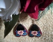 Fashion Earrings, Dangle, Cloisonne, Enamel, Inverted Hearts, Floral, Green, Pink, Red, Blue, Ornate, Vintage 1980s, SpringJewelryThings