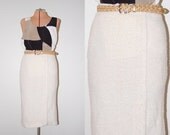 Vintage 1960s Kane Belle La Mode Designer Cream Long Nubby Wool Skirt w/ Gold Threads Threading. Mad Men Office Wear. Size XS Small.