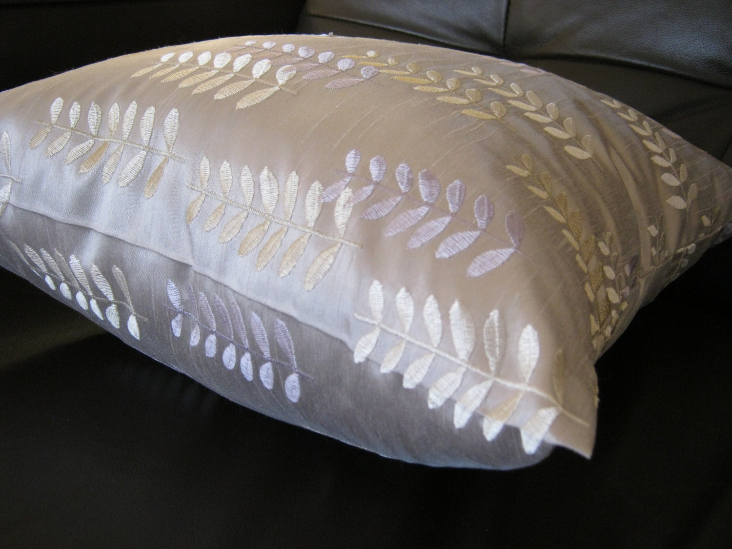 beige and mauve pillow cover, cushion cover, with embroidered leaves 18 x 18 elegant romantic