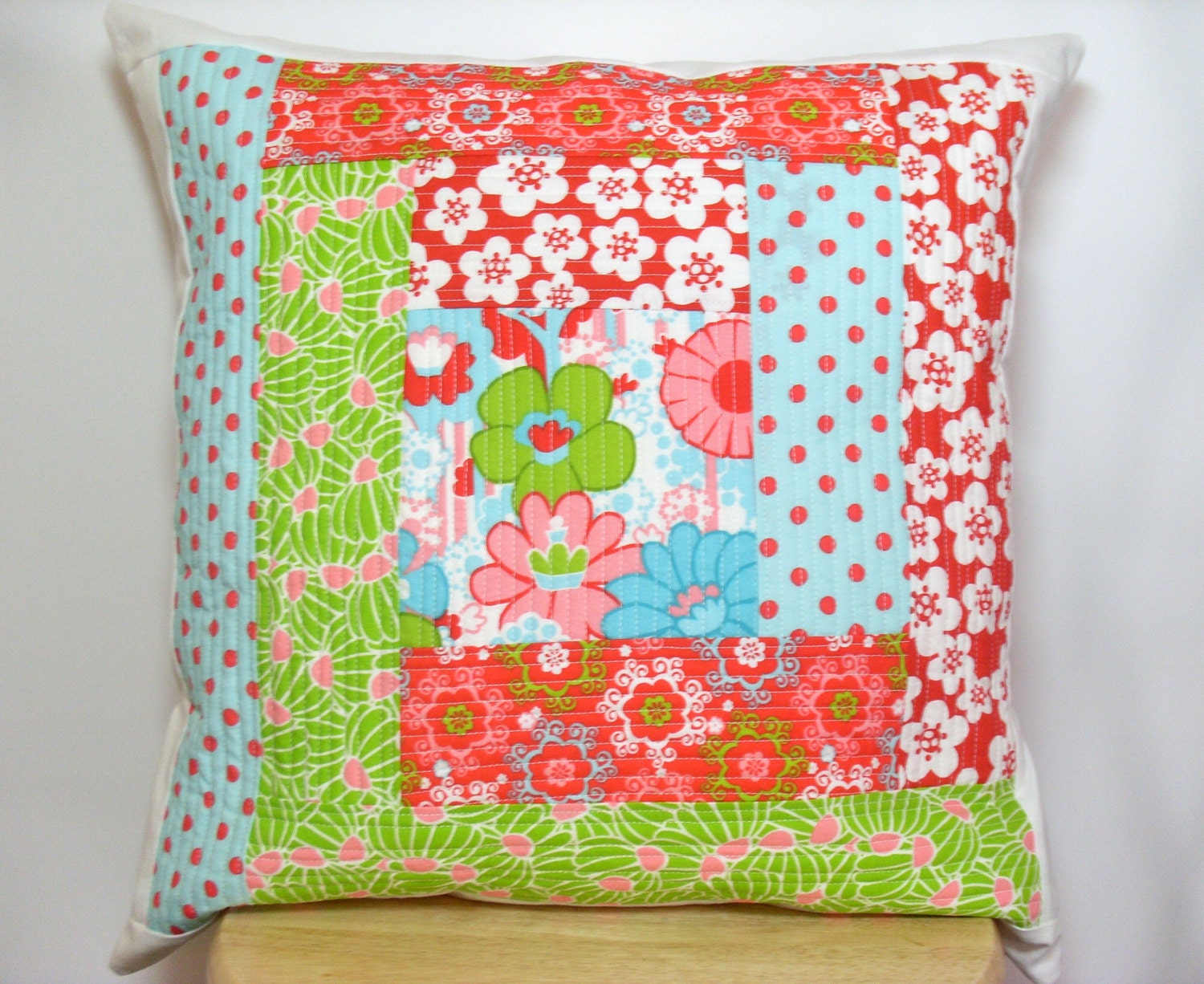 On Sale - Quilted Throw Pillow Cover- Pink Red Aqua Green -Floral Polka Dots - Patchwork Cushion - 18x18