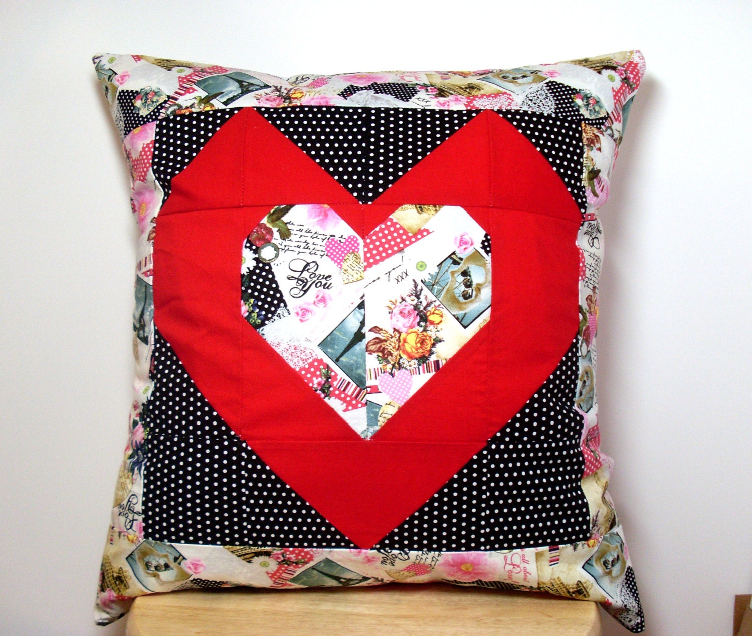 On Sale - Valentine Holiday - Patchwork - Decor Throw Pillow Cover - Red Black Pink - Heart Love - Cushion - 18x18