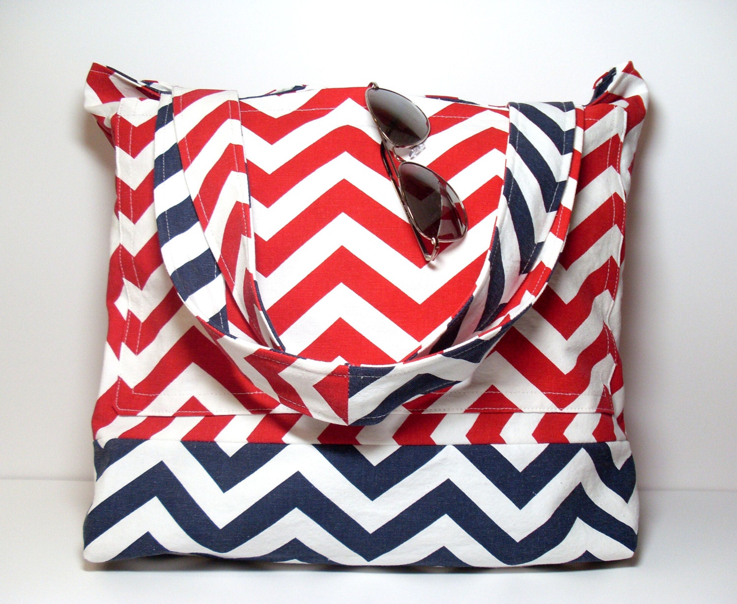 Reversible Beach Tote - 4th of July - Summer Bag - Chevron Nautical- Red White Blue - Made To Order - jayciMay