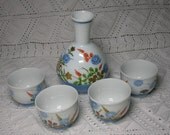Japanese Porcelain Sake Set, Blue, Red & Gold Floral Motifs, Mid Century era