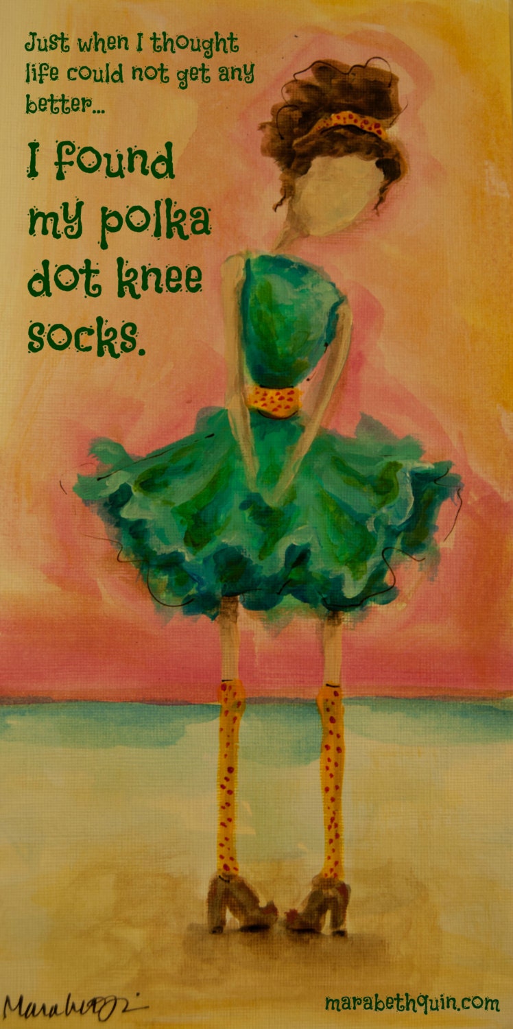 12x6 digital print on archival, acid free paper of colorful girl in polka dot knee socks with cute happiness quote