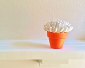 White Flower Sculpture in Neon Orange Pot, Desk accessory, Wedding Favors