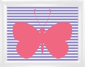 Pink Butterfly on Purple Stripe Background Girl Wall Art, 11x14