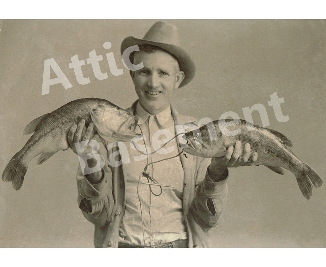 Buy gift tags and ecards - Vintage Photograph 1940's Man with Two Fish, Bass DIGITAL Image JPEG Format
