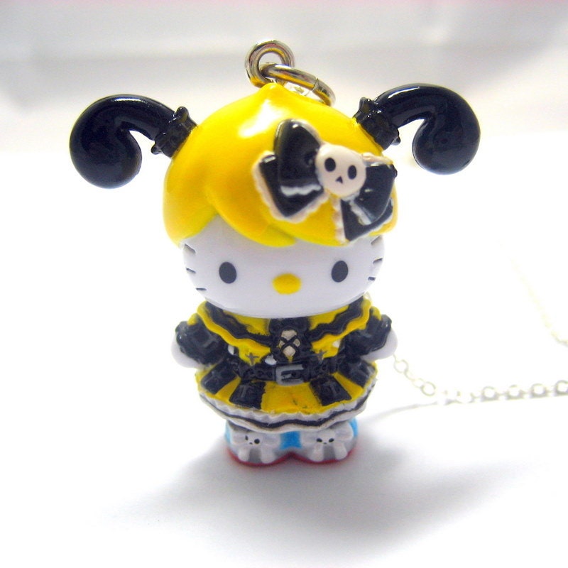 I LOVE Goth-loli Hello Kitty Necklace // Gothic Lolita Charm // Black Swarovski Crystal Heart // 17" Gunmetal Chain