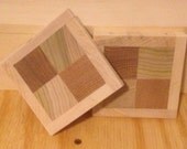 Handmade Wooden Checkerboard Coasters - LARGE - Poplar, Red Oak, and Aspen - Waterproof - Set of 4