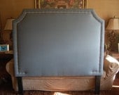 Queen or Full Curved Corner Upholstered Headboard, Charcoal Gray Linen, Silver Nickel Nailhead trim