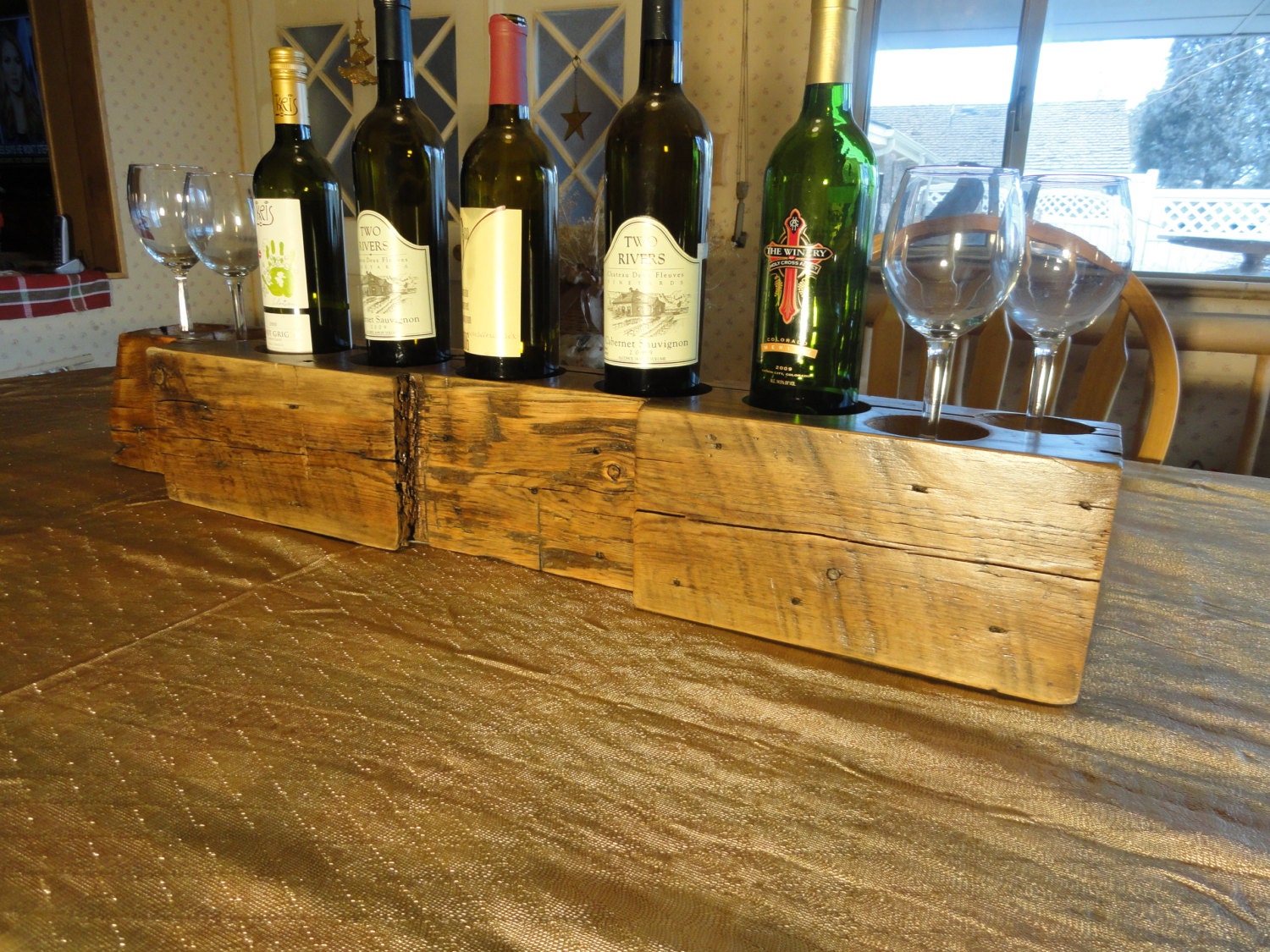 Rustic Wine Rack for wine tasting party made from reclaimed barn beam