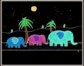 Childrens Wall Art, Illustration, Nursery Decor, Kids Bedroom, Home Decor, Modern Art, Elephants Night Walk, Blue, Pink, 8 x 10 Print.