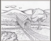 Illustration, Wall Hanging, Bedroom, Study, Game Room, Living Room, Home Decor, Drawing, Pencil Sketch, Covered Country Bridge, 8 x 10 Print