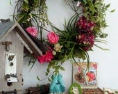 Spring Garden Floral Wreath, Colorful Silk Flowers in pinks. Summer Wall Hanging, Indoor/ Outdoor Home Decor